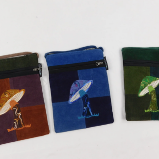 PASSPORT PURSE IN PATCHWORK CORDUROY WITH MUSHROOM EMBROIDERY